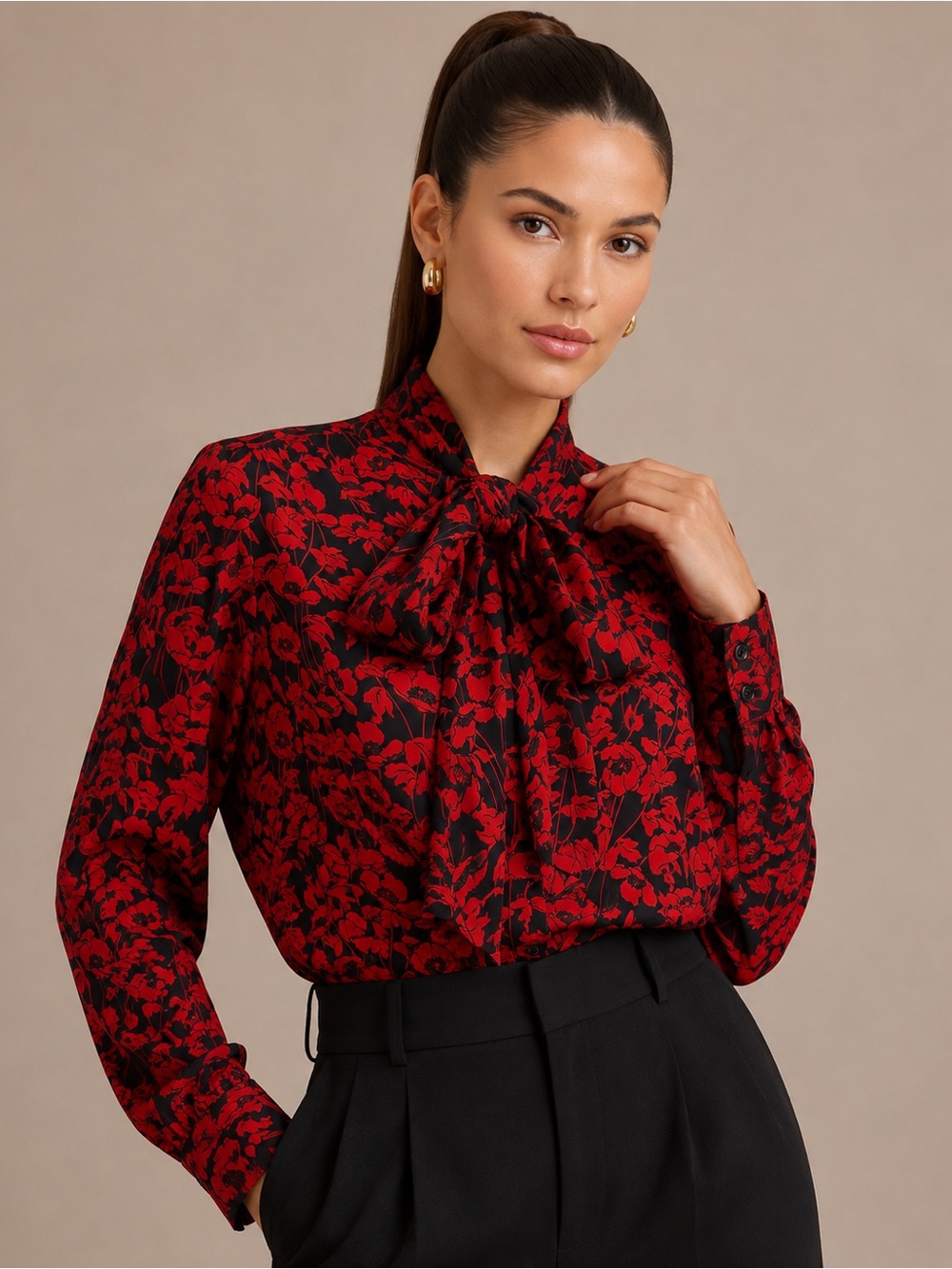 Who What Wear Red Floral Tie-Neck Blouse on Black - Picture 9 of 11
